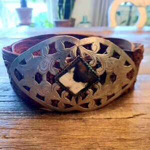 Handmade Boho Woven  Brown Leather Belt with Large Silver/Horn Buckle